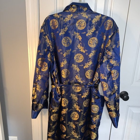 Sue’s Fashion Dark Blue Gold Dragon Motifs XXL Long Kimono Robe Tie Sash Pockets - Picture 6 of 6